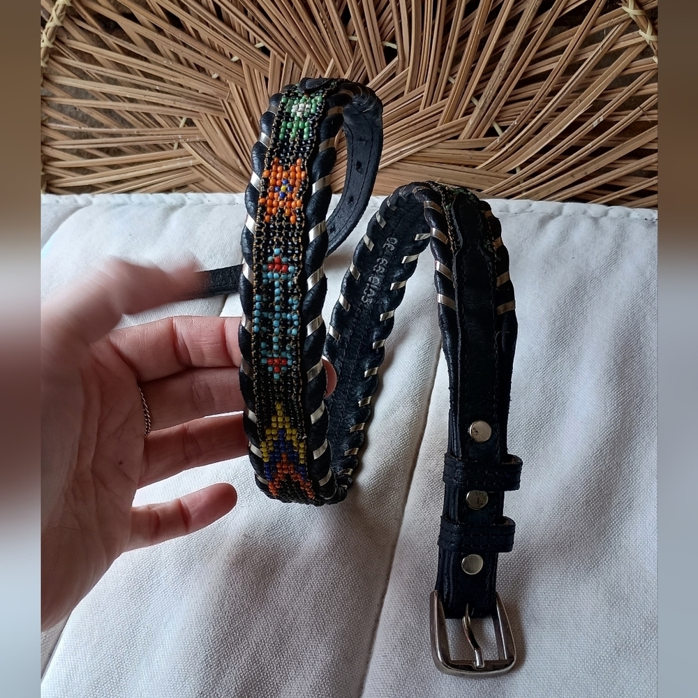 Vintage Beaded Designed Black Leather Belt_30 - Picture 1 of 6